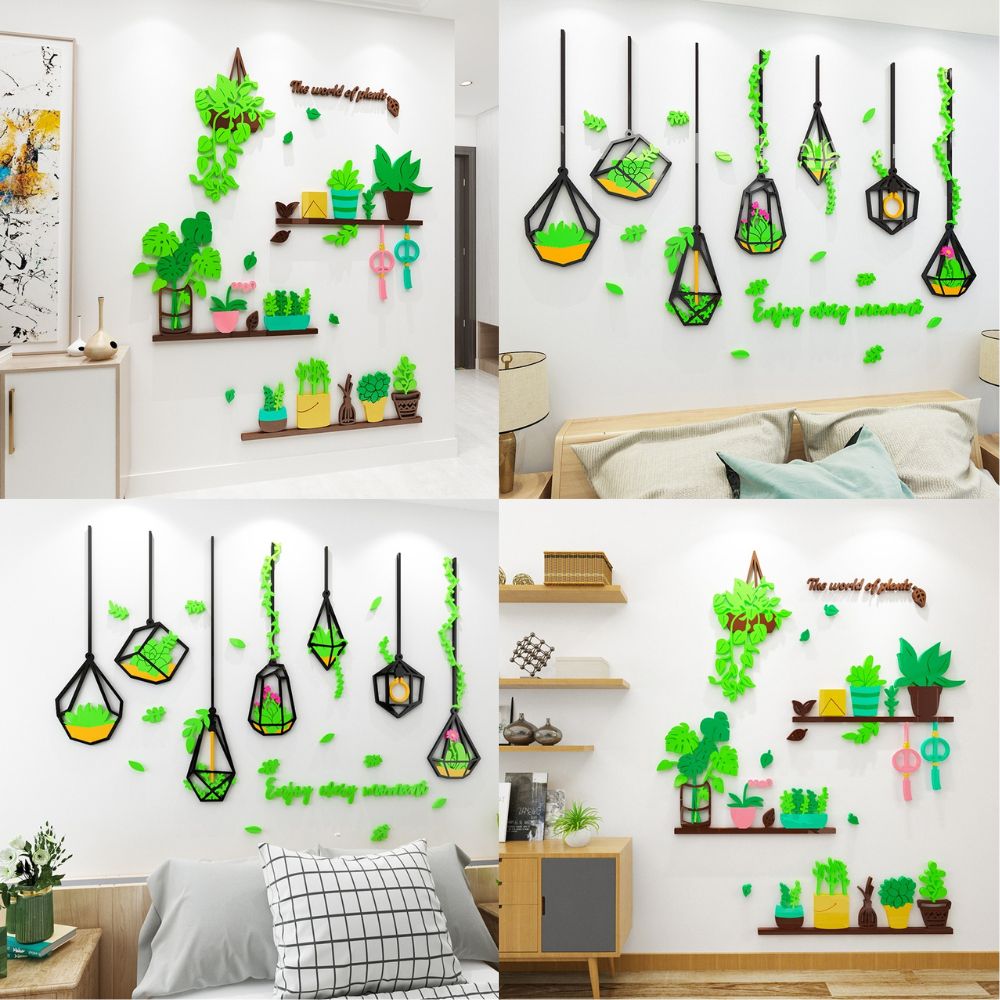 Tranh mica 3d dán tường mẫu tranh chậu cây treo trên kệ, trang trí phòng khách, phòng bếp