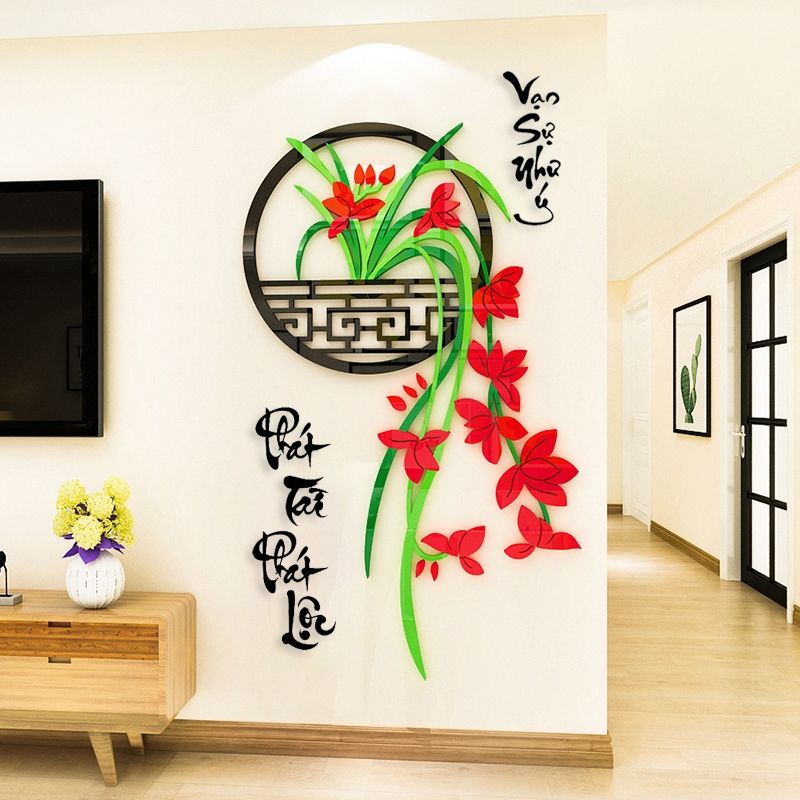 Tranh mica 3d dán tường mẫu tranh Chậu Phong Lan Đỏ, Vàng, Hồng, Xanh Da Trời, trang trí phòng khách, phòng bếp