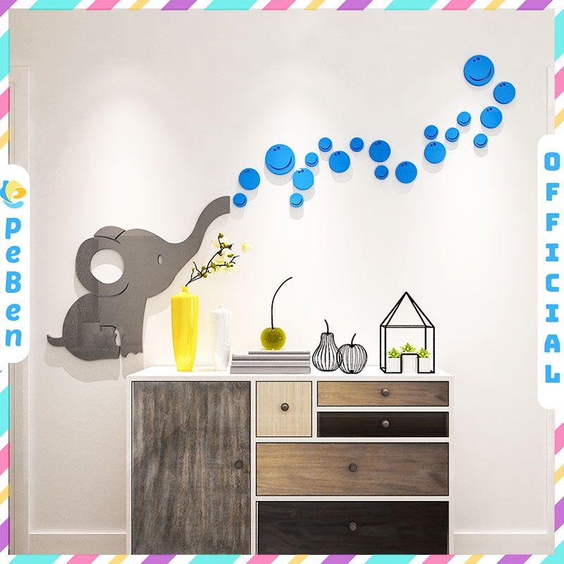 Tranh mica EPeBen dán tường nổi 3d hình chú voi xám thổi bong bóng ngộ nghĩnh decor trang trí mầm non