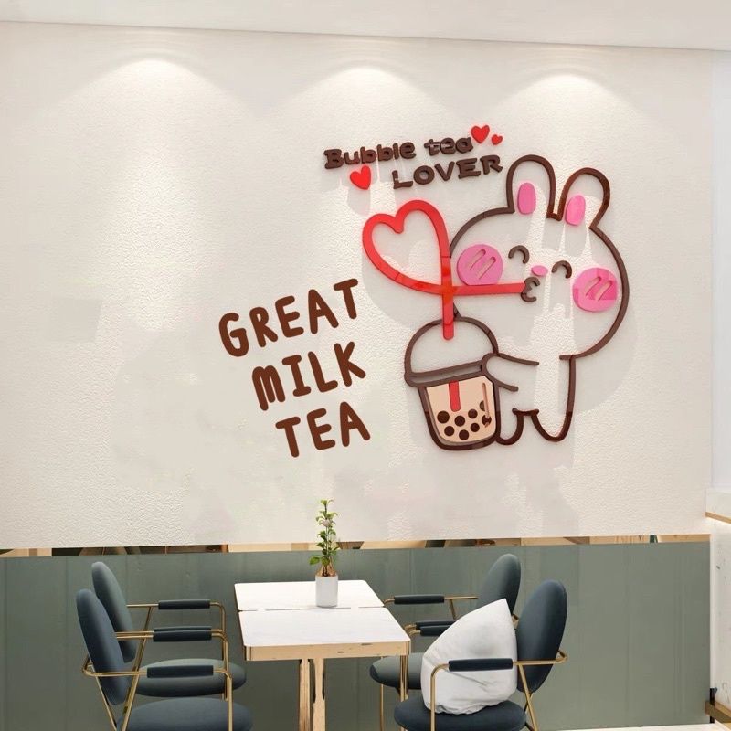 Tranh mica 3d dán tường các mẫu tranh cô gái, gấu cute trang trí quán trà sữa, trà chanh