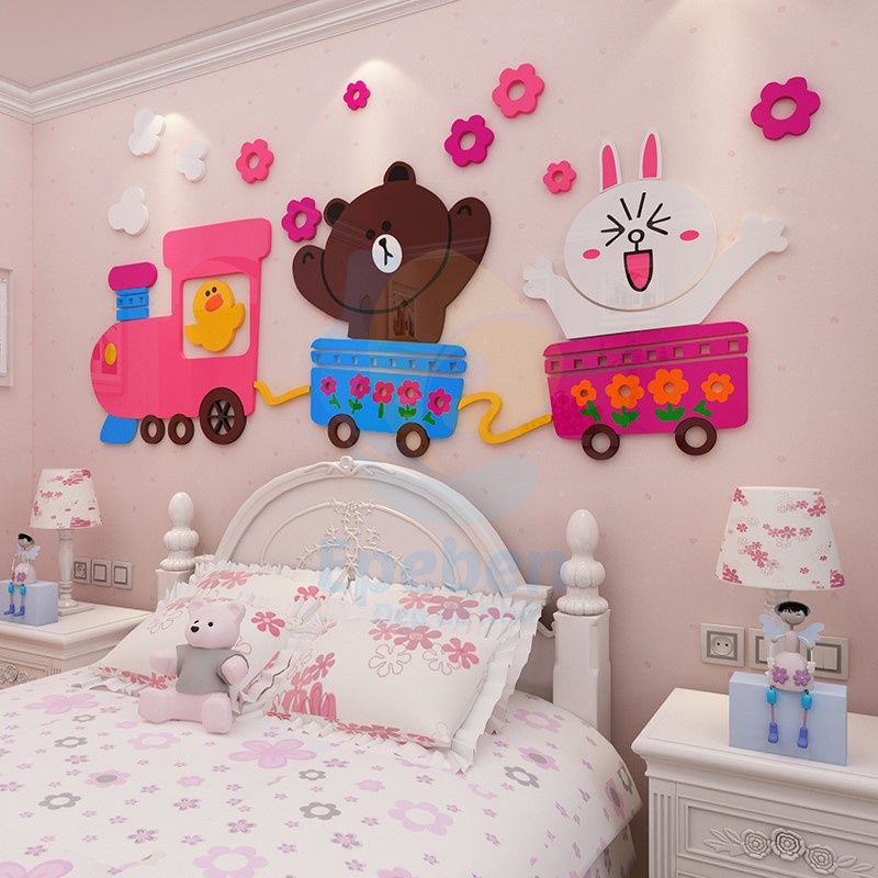 Tranh mica EPeBen dán tường nổi 3d hình tàu hỏa gấu nâu thỏ trắng vịt con decor trang trí mầm non phòng trẻ