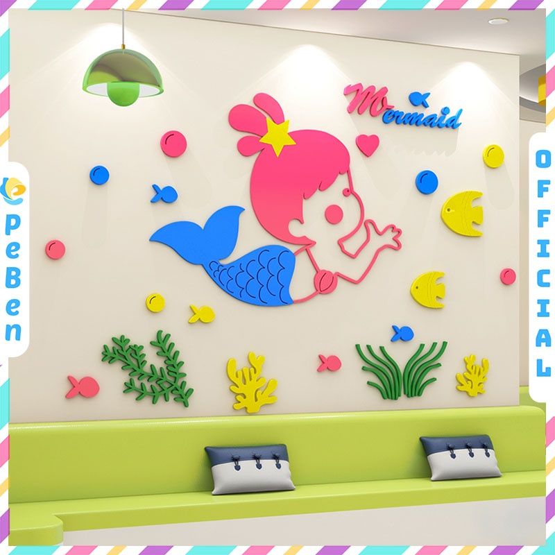 Tranh mica EPeBen dán tường nổi 3d hình tiên cá cute, decor trang trí mầm non, mẫu giáo, khu vui chơi trẻ em