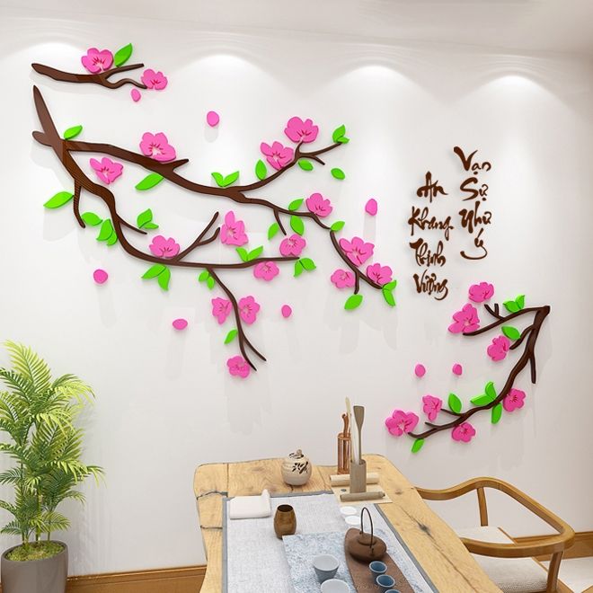 Tranh mica 3d dán tường mẫu tranh Cành Đào Mừng Xuân An Khang Thịnh Vượng, trang trí phòng khách, phòng bếp