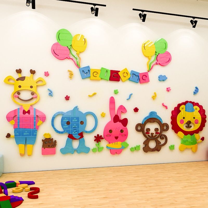 Tranh mica EPeBen dán tường nổi 3d hình welcome Bách thú decor trang trí phòng cho bé, Trường mầm non