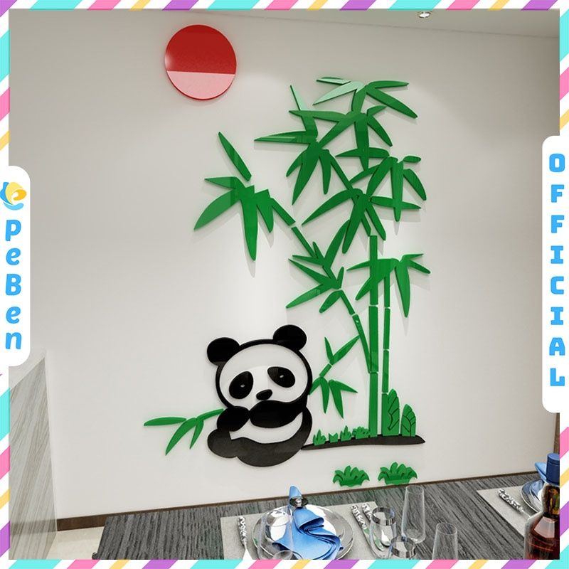 Tranh mica EPeBen dán tường nổi 3d hình gấu trúc ngồi khóm trúc decor trang trí quán ăn nhà hàng, phòng ngủ