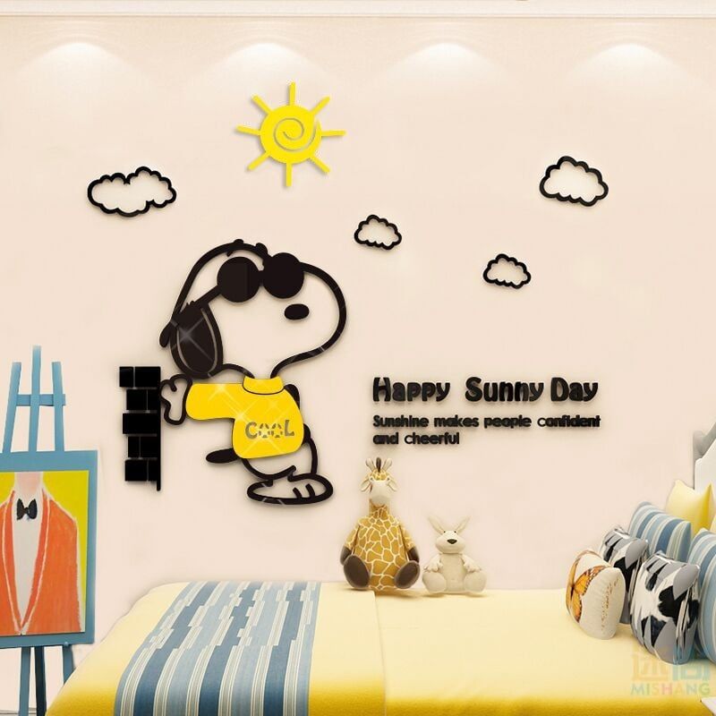 Tranh Mica 3d Dán Tường Chú Chó Snoopy Trang Trí Mầm Non, Mẫu Giáo
