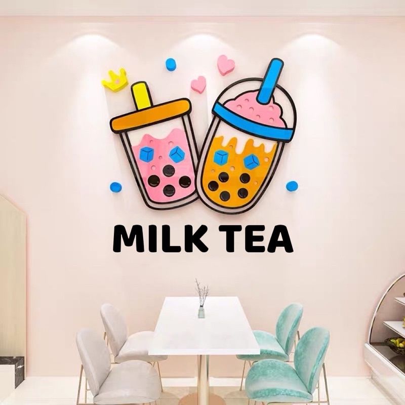 Tranh mica EPeBen dán tường nổi 3d hình Quán trà sữa vui nhộn decor trang trí quán trà sữa, quán ăn, nhà hàng