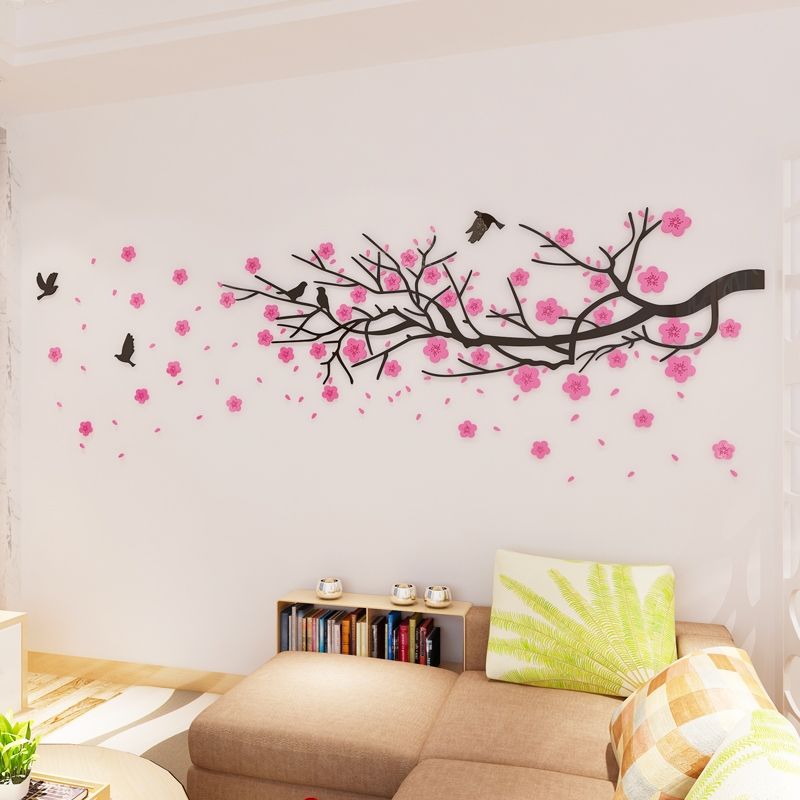 Tranh mica 3d dán tường mẫu tranh Cành Đào Chim Hạc Hươu Sao, trang trí phòng khách, phòng bếp