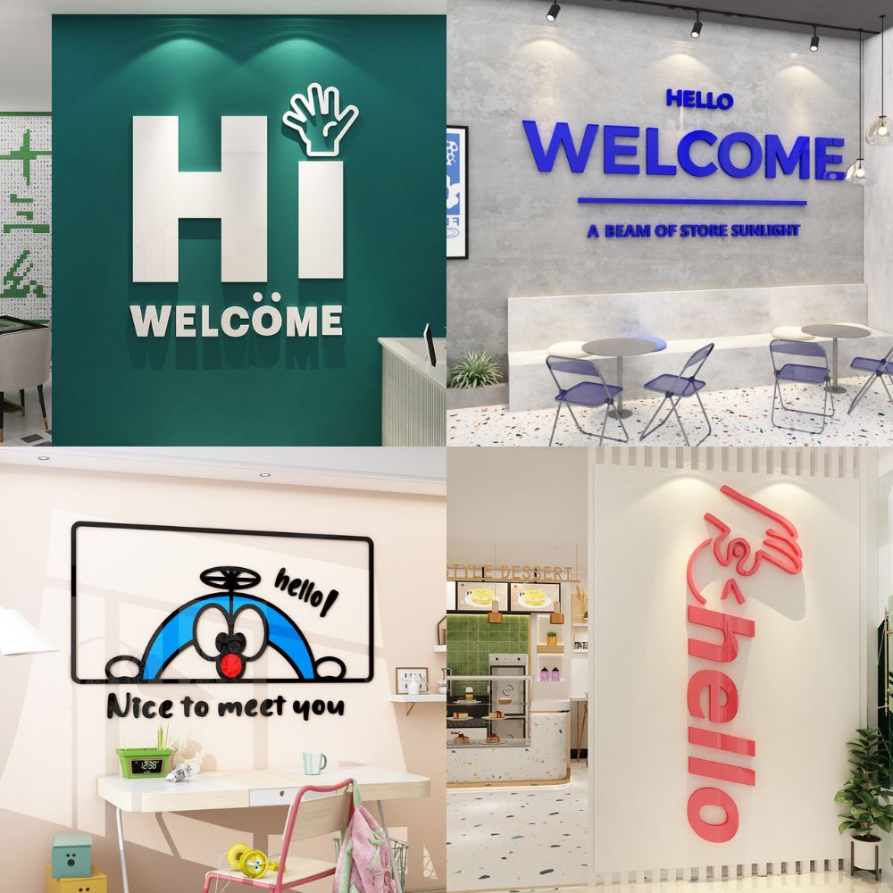 Tranh Mica 3d Dán Tường Chữ Hello Welcome Doremon Trang Trí Cửa Kính, Cửa Hàng, Quán Trà Sữa, Salon, Nail