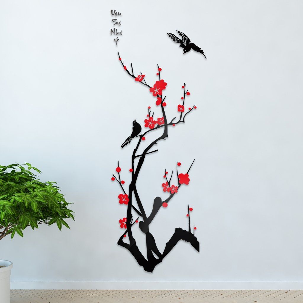 Tranh mica 3d dán tường mẫu tranh hoa đào hoa sen Vạn Sự Như Ý Tấn Tài Tấn Lộc, trang trí phòng khách, phòng bếp