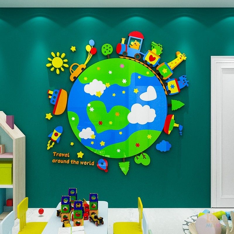 Tranh Mica 3d Dán Tường Trái Đất Tròn, Hành Tinh Xanh Trang Trí Mầm Non, Mẫu Giáo, Phòng Cho Bé