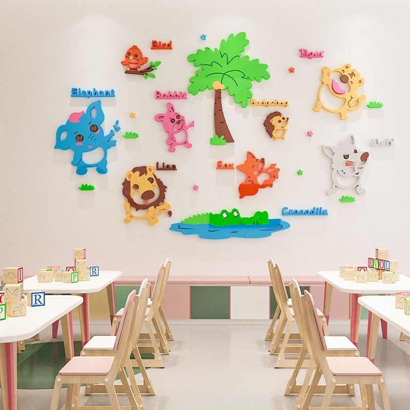 Tranh mica EPeBen dán tường nổi 3d hình Học tên các con vật decor trang trí nhà trẻ, phòng cho bé, Tiếng Anh