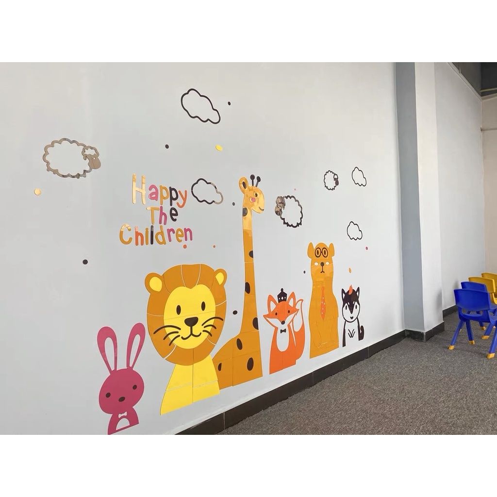 Tranh mica dán tường 3d happy children, trang trí mầm non, trang trí khu vui chơi trẻ em
