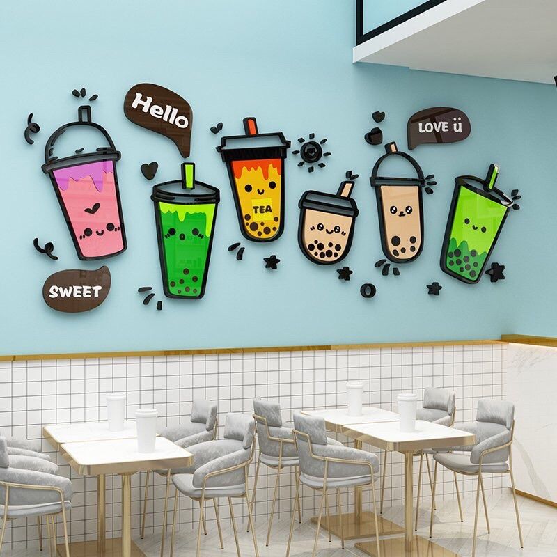 Tranh mica EPeBen dán tường nổi 3d hình Quán trà sữa vui nhộn decor trang trí quán trà sữa, quán ăn, nhà hàng