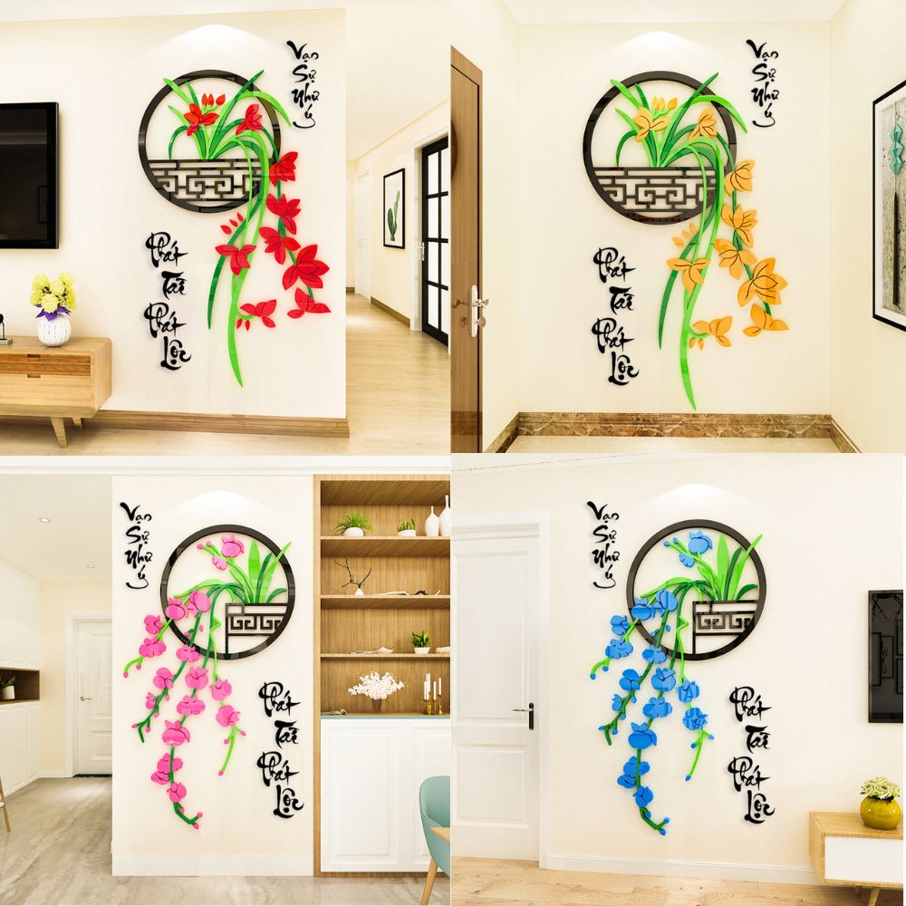 Tranh mica 3d dán tường mẫu tranh Chậu Phong Lan Đỏ, Vàng, Hồng, Xanh Da Trời, trang trí phòng khách, phòng bếp