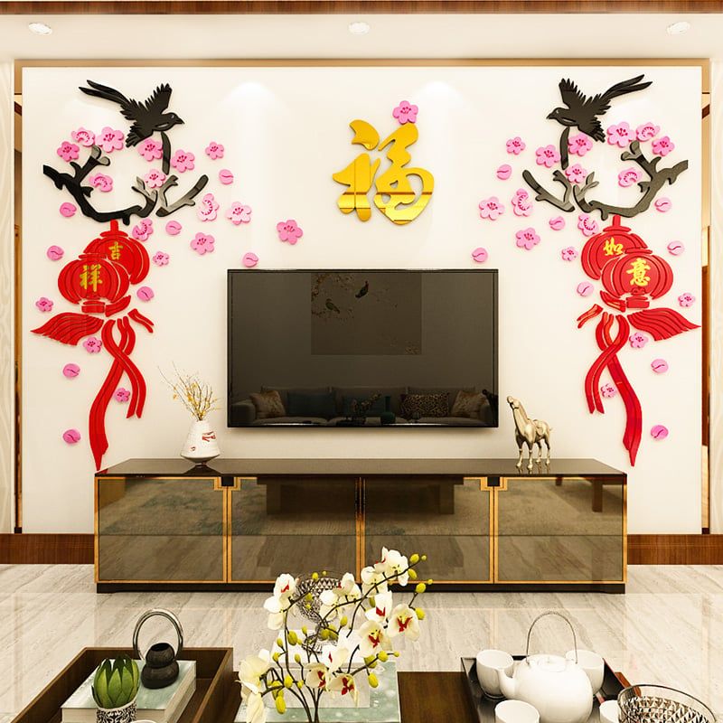 Tranh mica EPeBen dán tường nổi 3d hình hoa đào, chữ phúc, lồng đèn decor trang trí phòng khách, quanh tivi