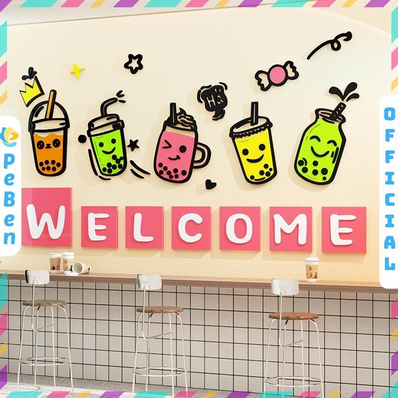 Tranh mica EPeBen dán tường nổi 3d hình Welcome Trà Sữa decor trang trí Cửa Hàng, Quán Nước