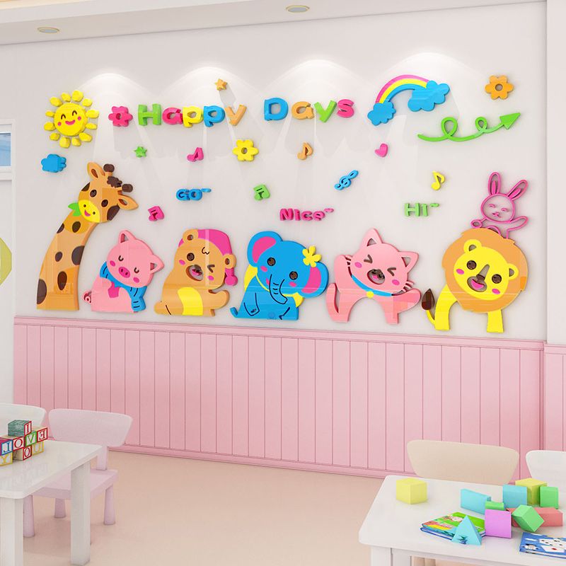 Tranh mica EPeBen dán tường nổi 3d hình Động vật sở thú happy day nghiêng đầu decor trang trí nhà trẻ, phòng cho bé