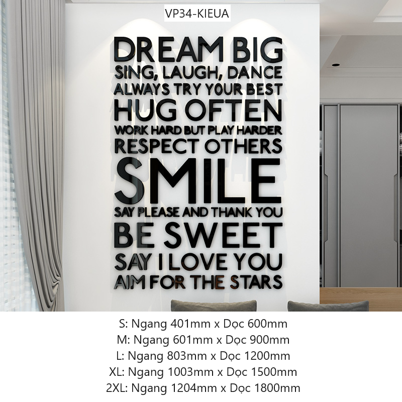 Tranh mica EPeBen dán tường nổi 3d hình Chữ DREAM BIG, SMILE Khẩu hiệu tạo động lực trang trí Văn Phòng, Phòng Làm Việc