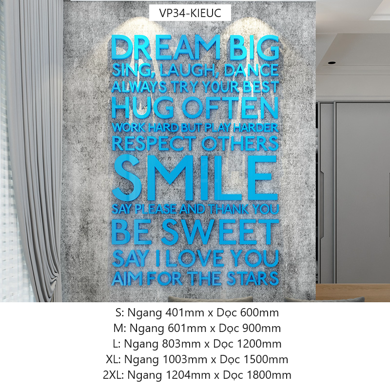 Tranh mica EPeBen dán tường nổi 3d hình Chữ DREAM BIG, SMILE Khẩu hiệu tạo động lực trang trí Văn Phòng, Phòng Làm Việc
