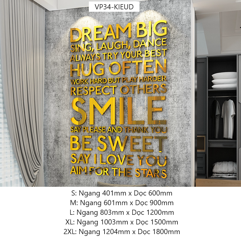 Tranh mica EPeBen dán tường nổi 3d hình Chữ DREAM BIG, SMILE Khẩu hiệu tạo động lực trang trí Văn Phòng, Phòng Làm Việc