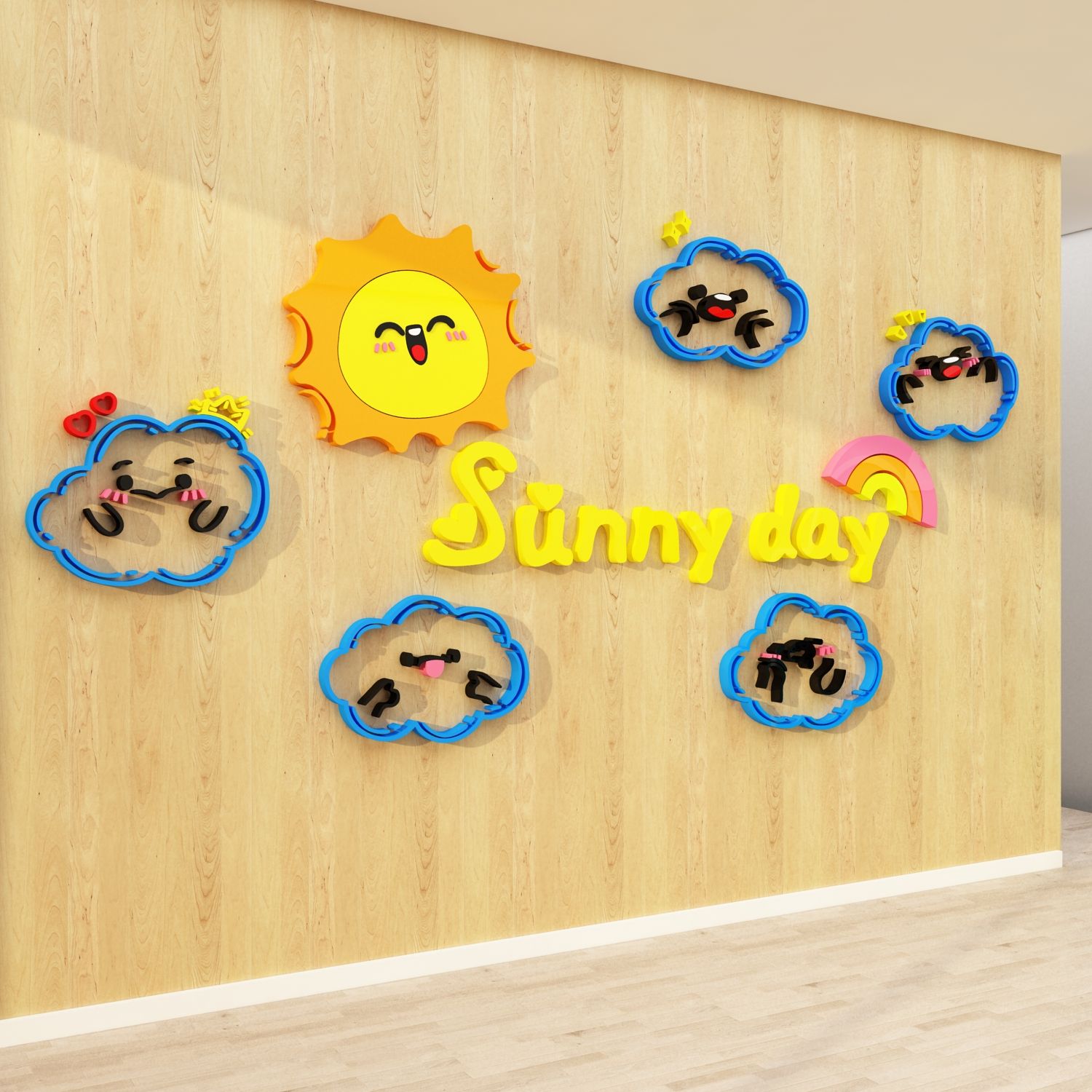 Tranh mica EPeBen dán tường nổi 3d hình Sunny day, mặt trời, đám mây, decor trang trí phòng cho bé, mầm non, mẫu giáo