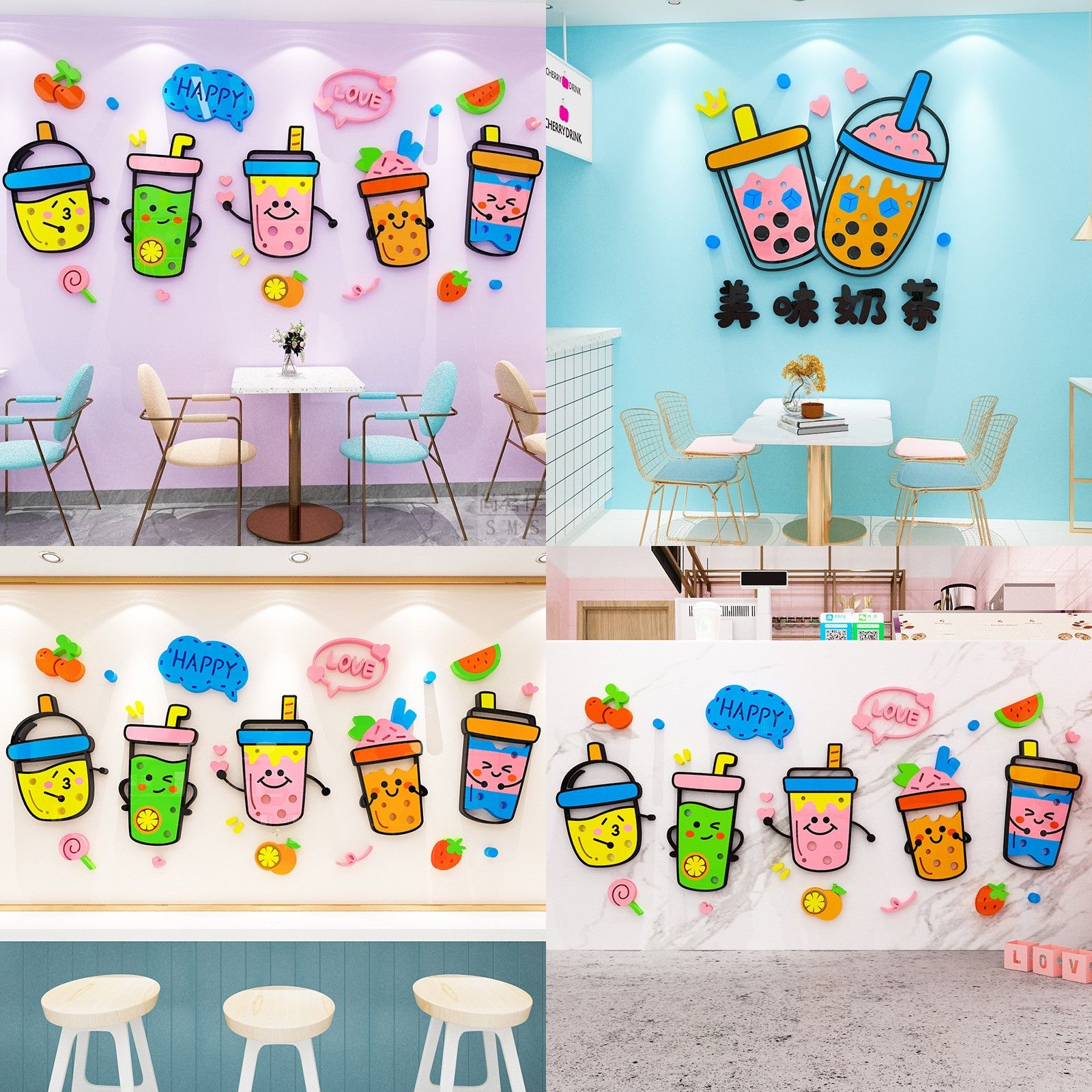 Tranh mica EPeBen dán tường nổi 3d hình love trà sữa, happy milk tea trang trí cửa hàng trà sữa, trà tranh, quán nước