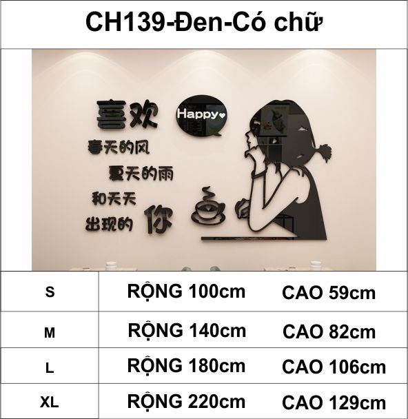 Tranh mica EPeBen dán tường nổi 3d hình cô gái vui vẻ Happy decor trang trí quán cafe, trà chanh, trà sữa