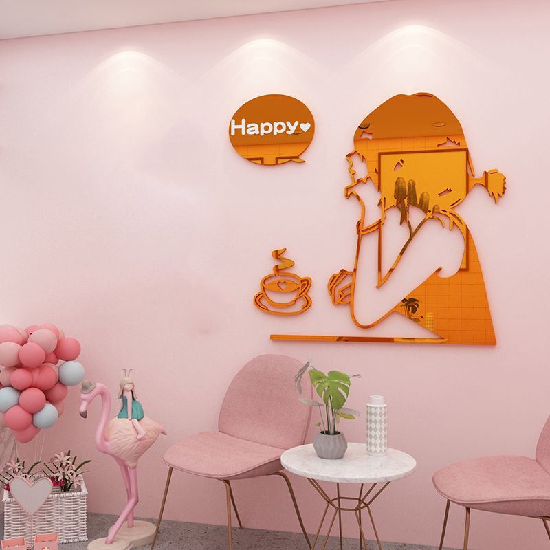 Tranh mica EPeBen dán tường nổi 3d hình cô gái vui vẻ Happy decor trang trí quán cafe, trà chanh, trà sữa