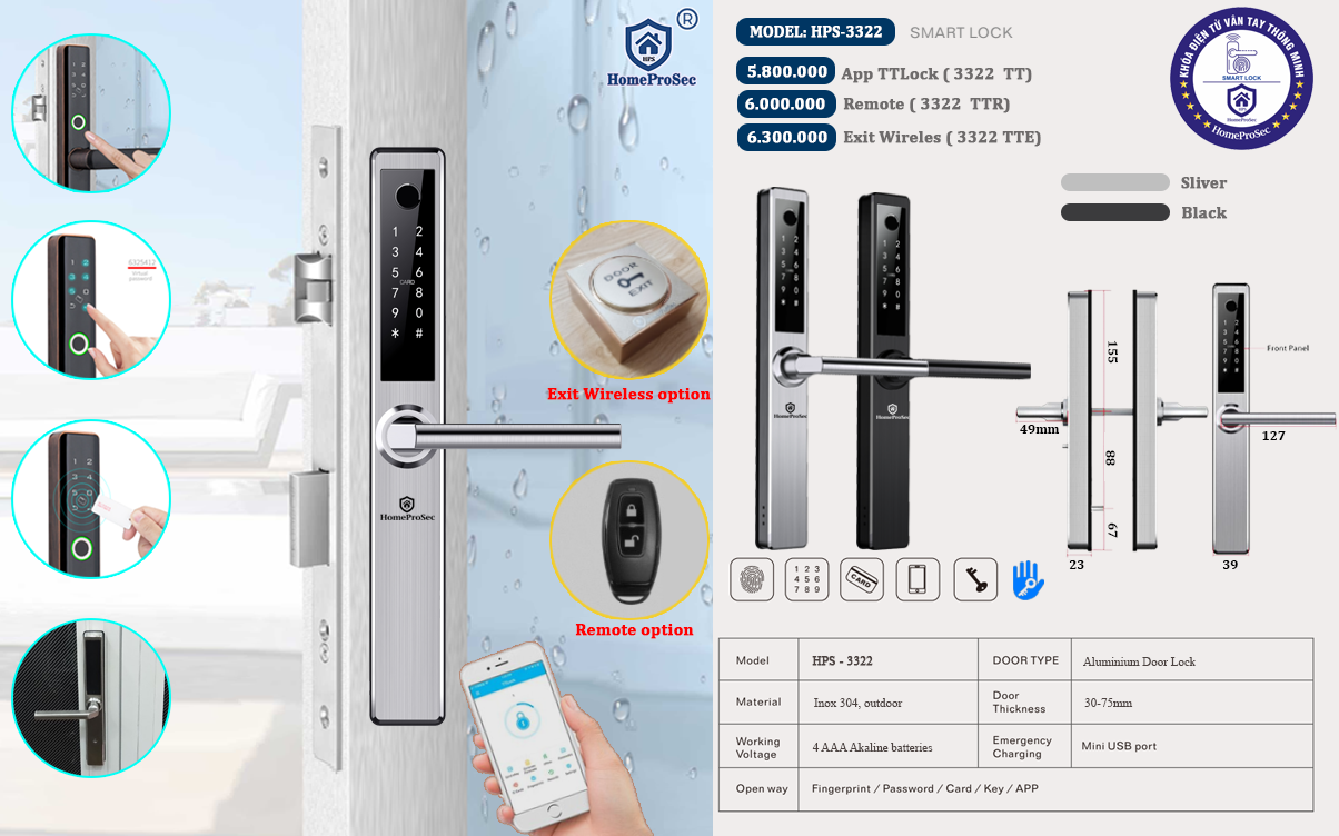  Khóa vân tay cửa nhôm HPS- 3322 (ttlock) 