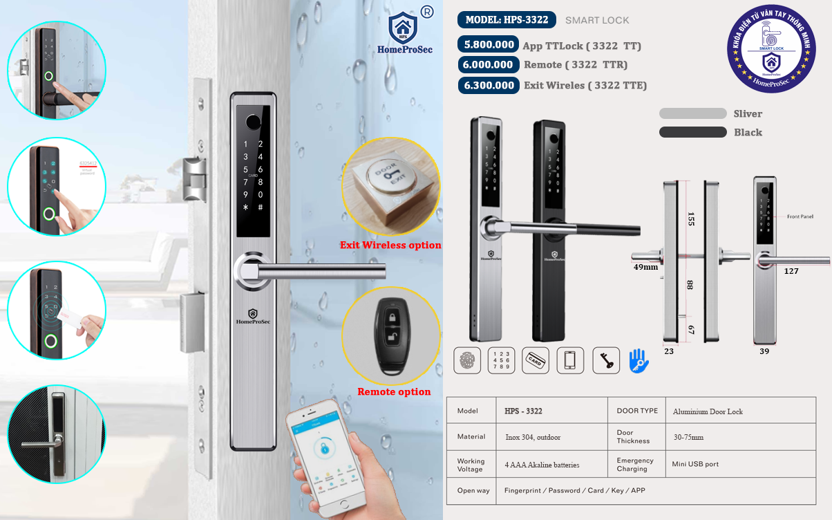  Khóa vân tay cửa nhôm HPS- 3322E (ttlock) 