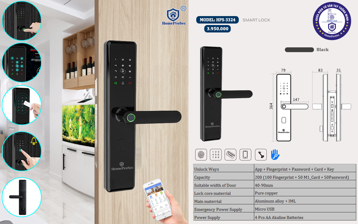 Khóa vân tay cửa gỗ HPS- 3324 TT
