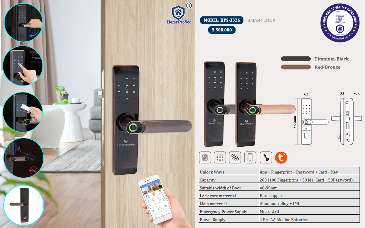 Khóa vân tay cửa gỗ HPS- 3326 (Tuya)
