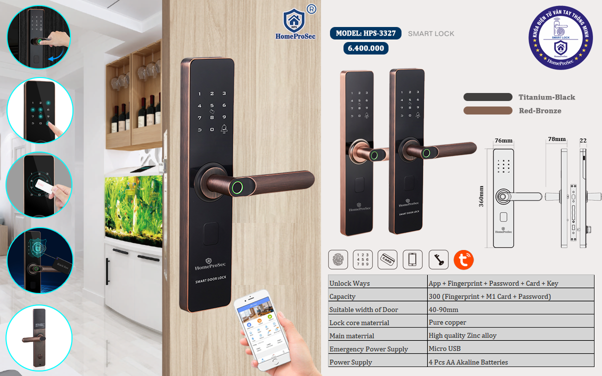 Khóa vân tay cửa gỗ HPS- 3327 (Tuya)