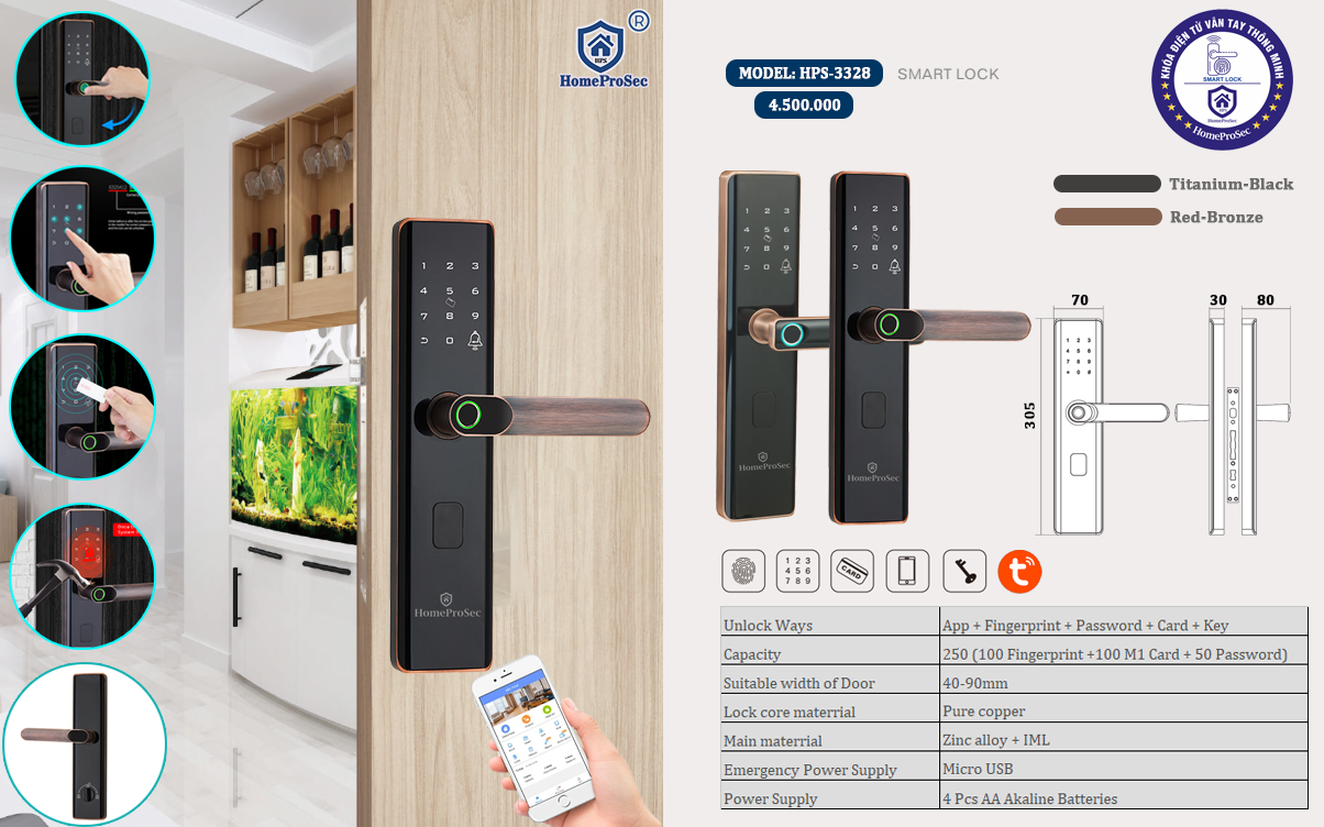 Khóa vân tay cửa gỗ HPS- 3328 (Tuya)