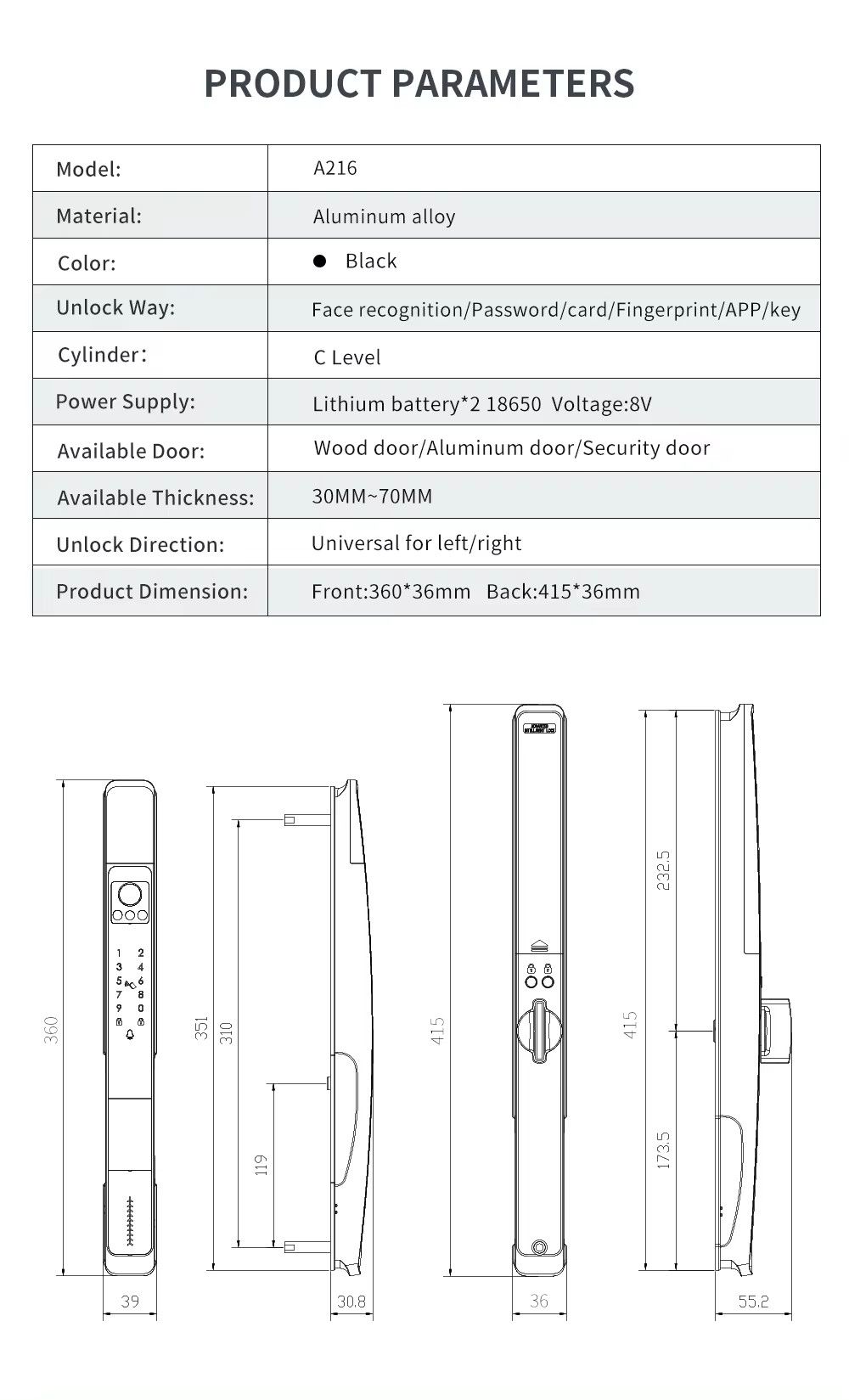 Khóa Face ID - vân tay cửa nhôm tự động HPS- 3388 / 3387