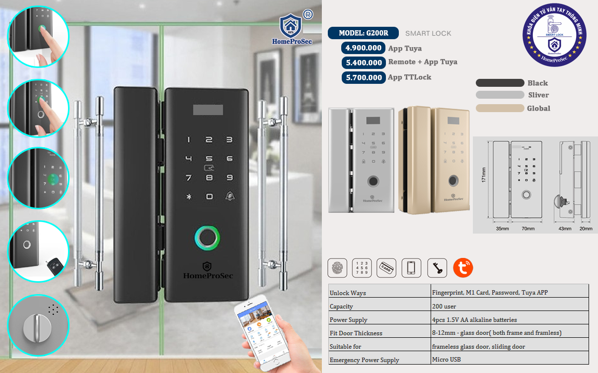 Khóa vân tay cửa kính- APP G200R (Tuya)