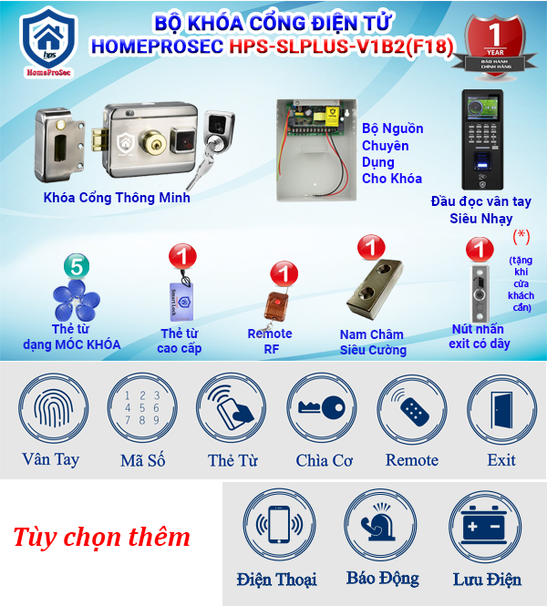 HPS- SLPLUS- V1B2 ( F18 )- Bộ khóa cổng vân tay thông minh HomeProSec HPS- SLPLUS- V1B2 ( F18 )