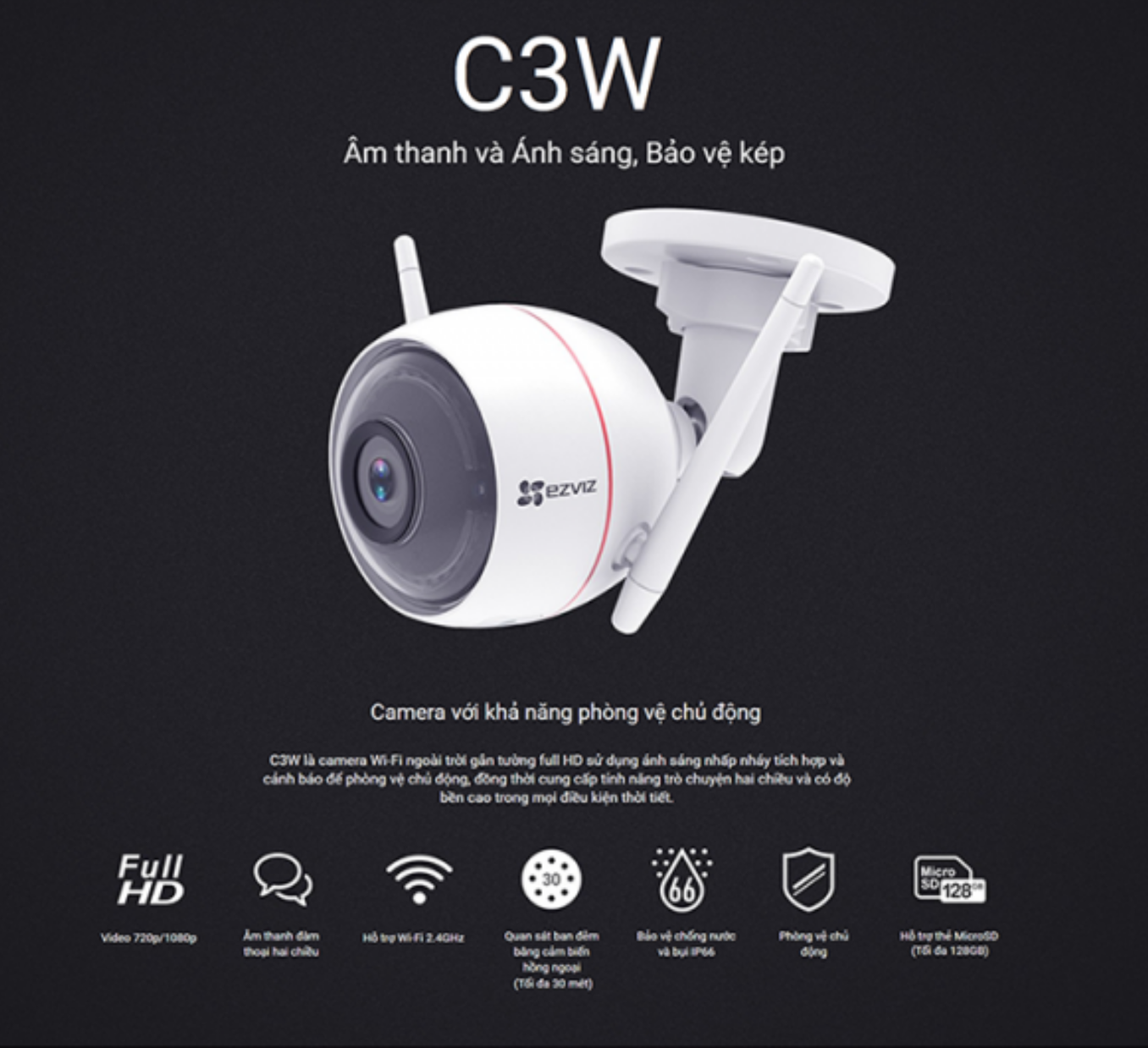 Camera ngoài trời tích hợp còi - đèn chớp báo động 2MP