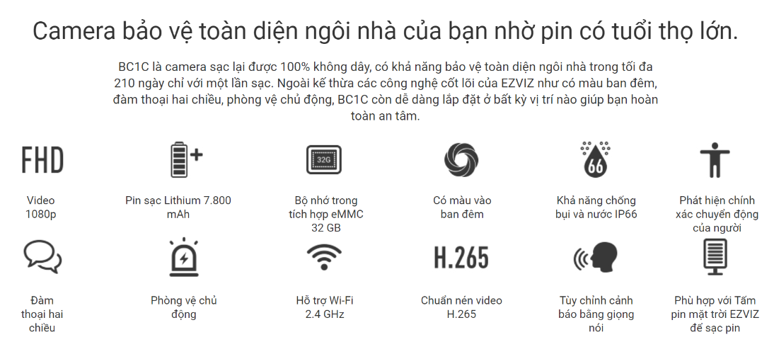  Camera Wifi ngoài trời chạy bằng PIN, có màu ban đêm 2M-  BC1C 