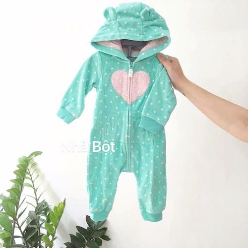 Sleep Suit Nỉ Carter màu xanh chấm bi