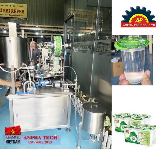 Máy đóng gói siro dán miệng ly, cốc trạm xoay tự động Anpha Tech ISO 9001:2015 Made In Vietnam