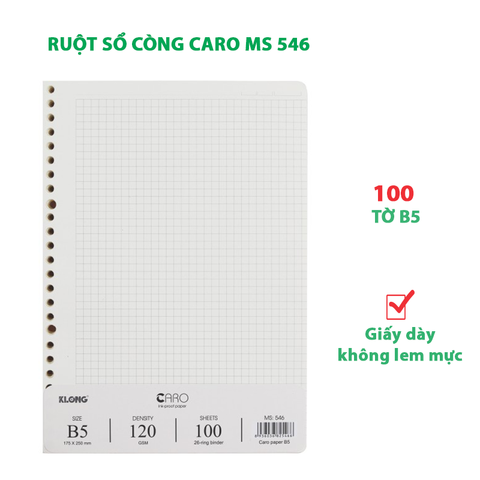 Ruột giấy refill sổ còng Caro B5 - 100 tờ dày dặn Klong 546