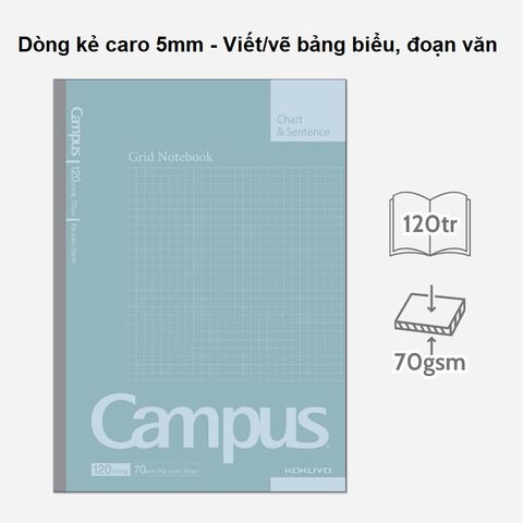 [MẪU MỚI 2024] Vở Caro Campus Basic Notebook 120 trang - Dòng kẻ caro 5mm, Phong Cách Đơn Giản (Mua 10 tặng 1 bút bi)