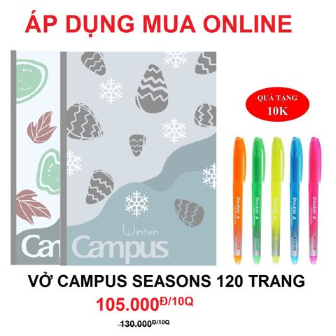 Lốc 10 Vở Campus Four Seasons 2 120 trang (Dòng kẻ ngang) - Tặng 1 bút nhớ dòng Double A