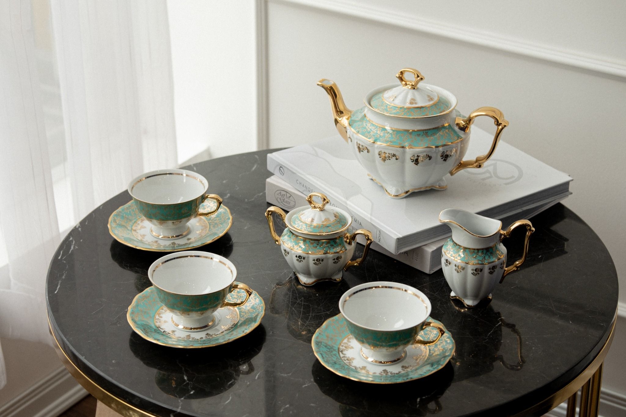 Bộ cà phê sứ Tiệp dây vàng xanh ngọc