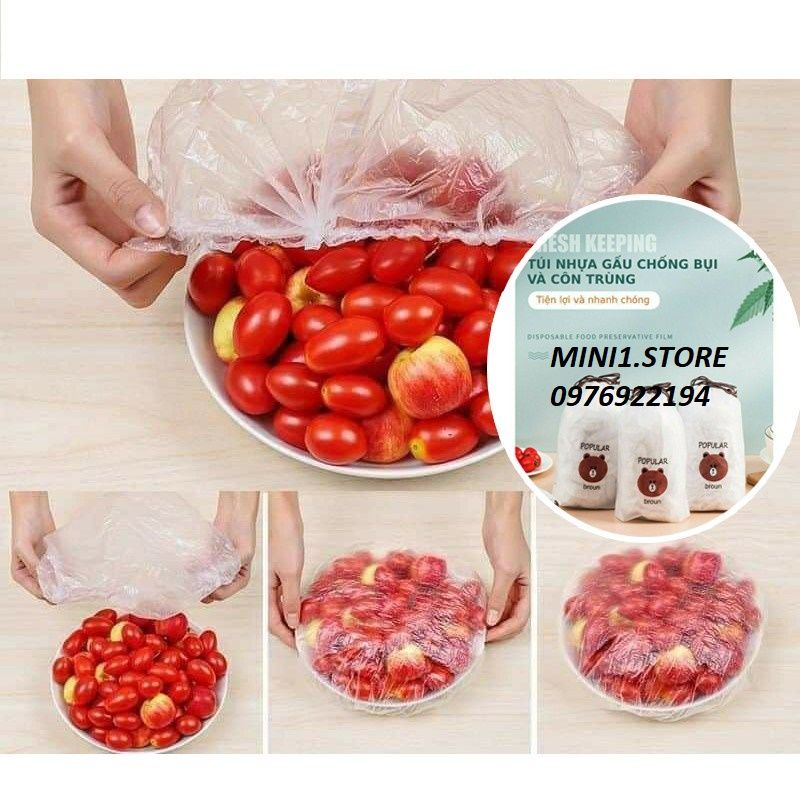 MÀNG BỌC Thực Phẩm Đa Năng Co Giãn Thông Minh Có Chun Set 100 Cái Nhanh Tiện (Tặng Kèm Túi Gấu Dễ Thương)
