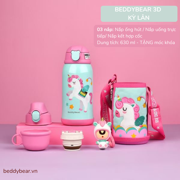  Bình giữ nhiệt Beddybear/ Beddy Bear hình Kỳ Lân cho bé gái từ 2 tuổi-12 tuổi / mầm non / tiểu học, inox cao cấp 316 / dung tích 630ml / TẶNG móc khoá / RT104-630-KYLAN 