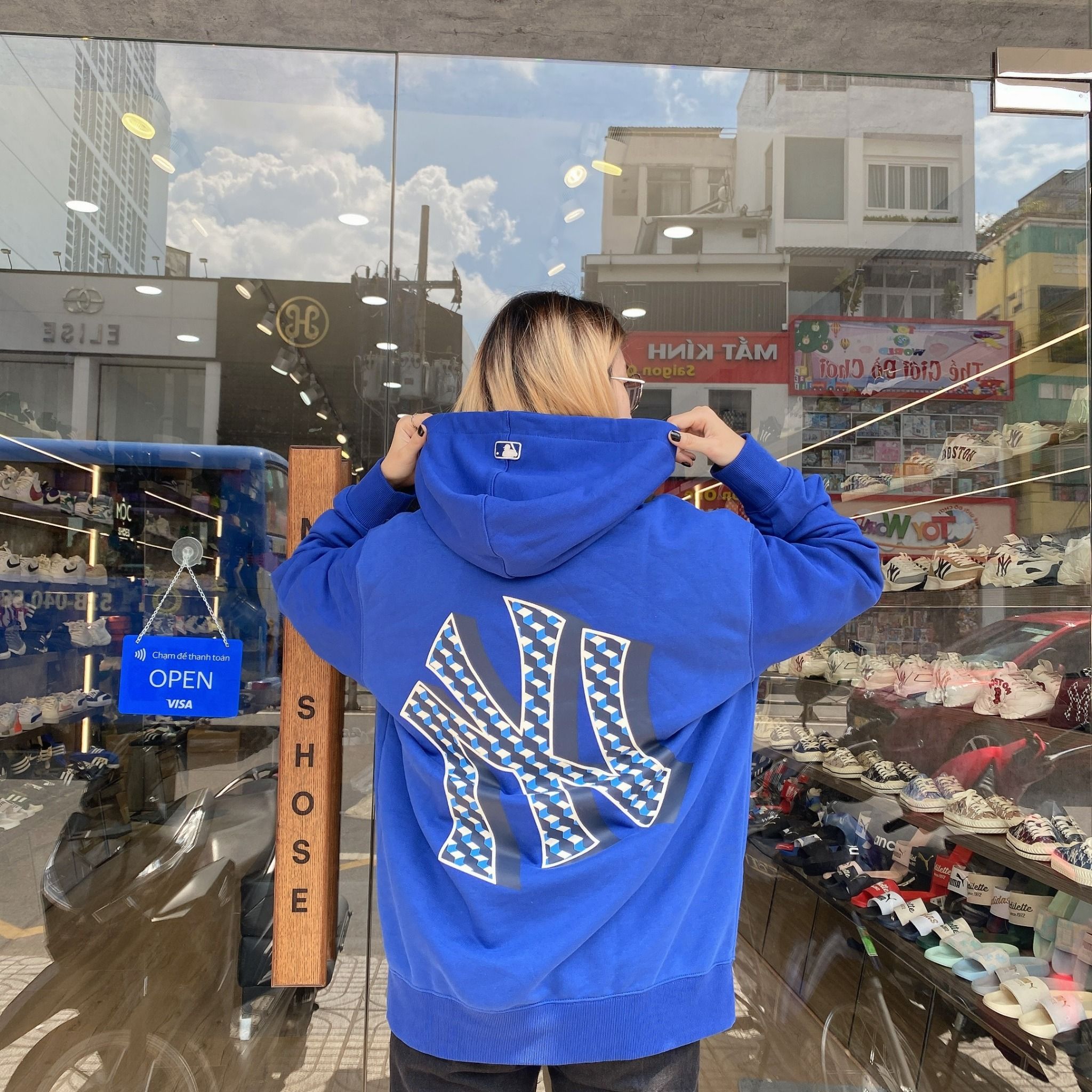 0510 - HÀNG CHÍNH HÃNG - ÁO HOODIE TAY DÀI CÓ MŨ MLB HOẠ TIẾT NY ZICZAC MÀU *DARK BLUE/XANH DƯƠNG* 2022