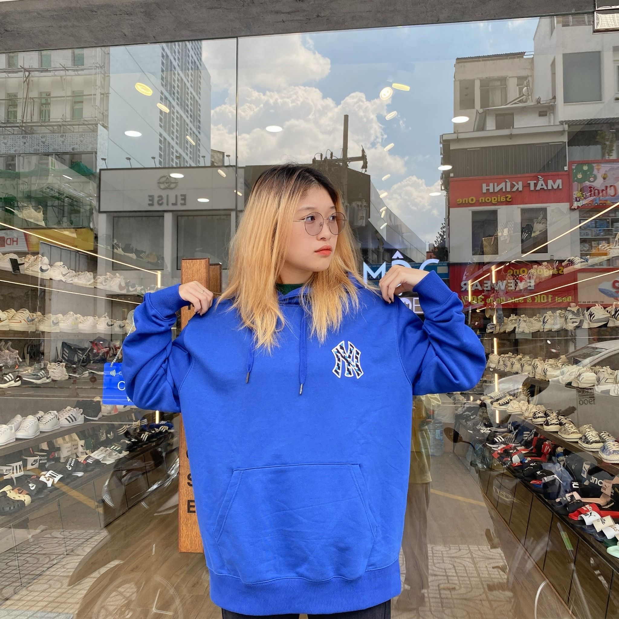0510 - HÀNG CHÍNH HÃNG - ÁO HOODIE TAY DÀI CÓ MŨ MLB HOẠ TIẾT NY ZICZAC MÀU *DARK BLUE/XANH DƯƠNG* 2022